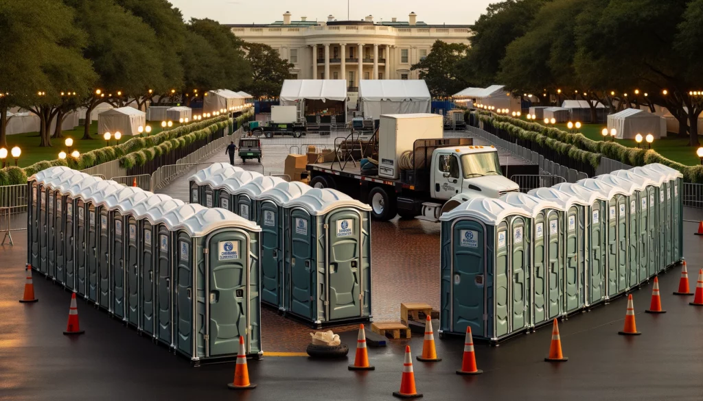 Festival porta potty bank with barricades in Trenton, New Jersey
